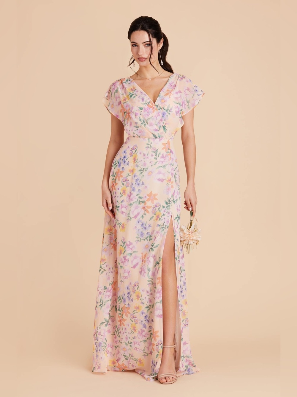 BIRDY GREY CHIFFON BOTANICAL BLOOMS VIOLET DRESS LARGE